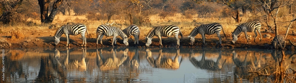 A group of zebras drinking water from a serene pond in the African wilderness, surrounded by dry terrain and trees, reflecting their images clearly. A group of zebras drinking water from a serene pond in the African wilderness, surrounded by dry terrain and trees, reflecting their images clearly.