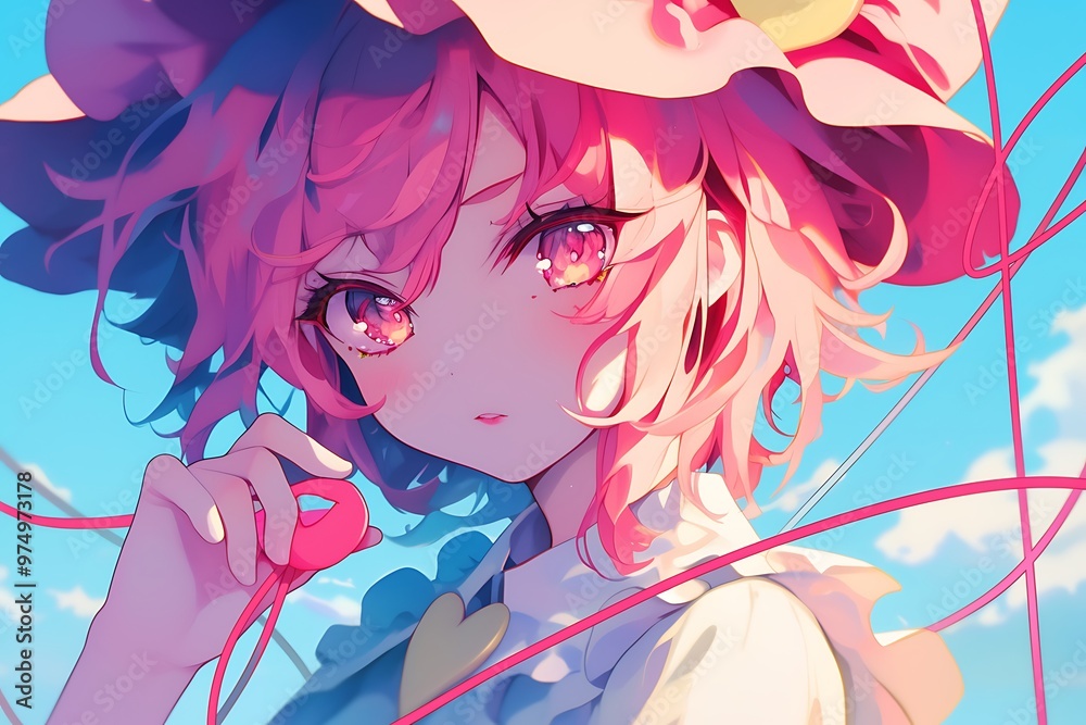 Anime girl with pink hair and hat, looking at camera with soft expression, pink and blue aesthetic Anime girl with pink hair and hat, looking at camera with soft expression, pink and blue aesthetic