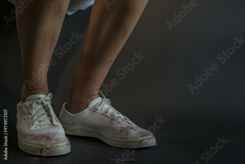 Woman wearing bloodstained white sneakers standing on dark background photo