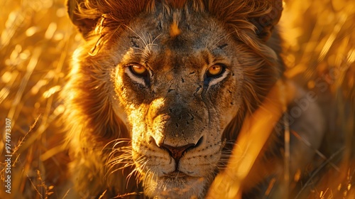 A majestic lion with a fierce gaze in a golden savannah, illuminated by the warm glow of the setting sun. photo