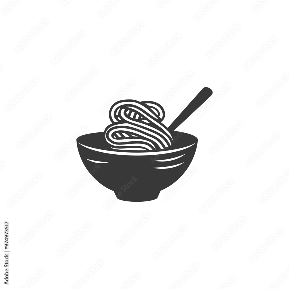 Black and white silhouette of a bowl of noodles with a chopstick