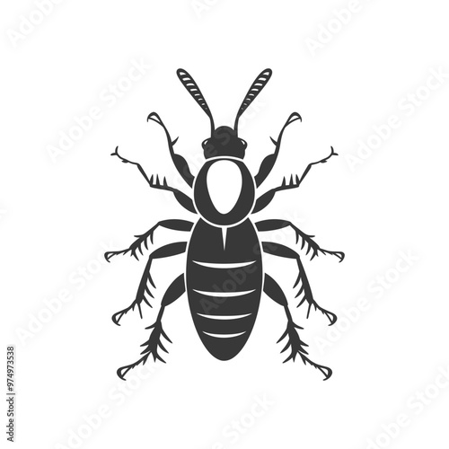 Black and white silhouette of a beetle with six legs and antennae