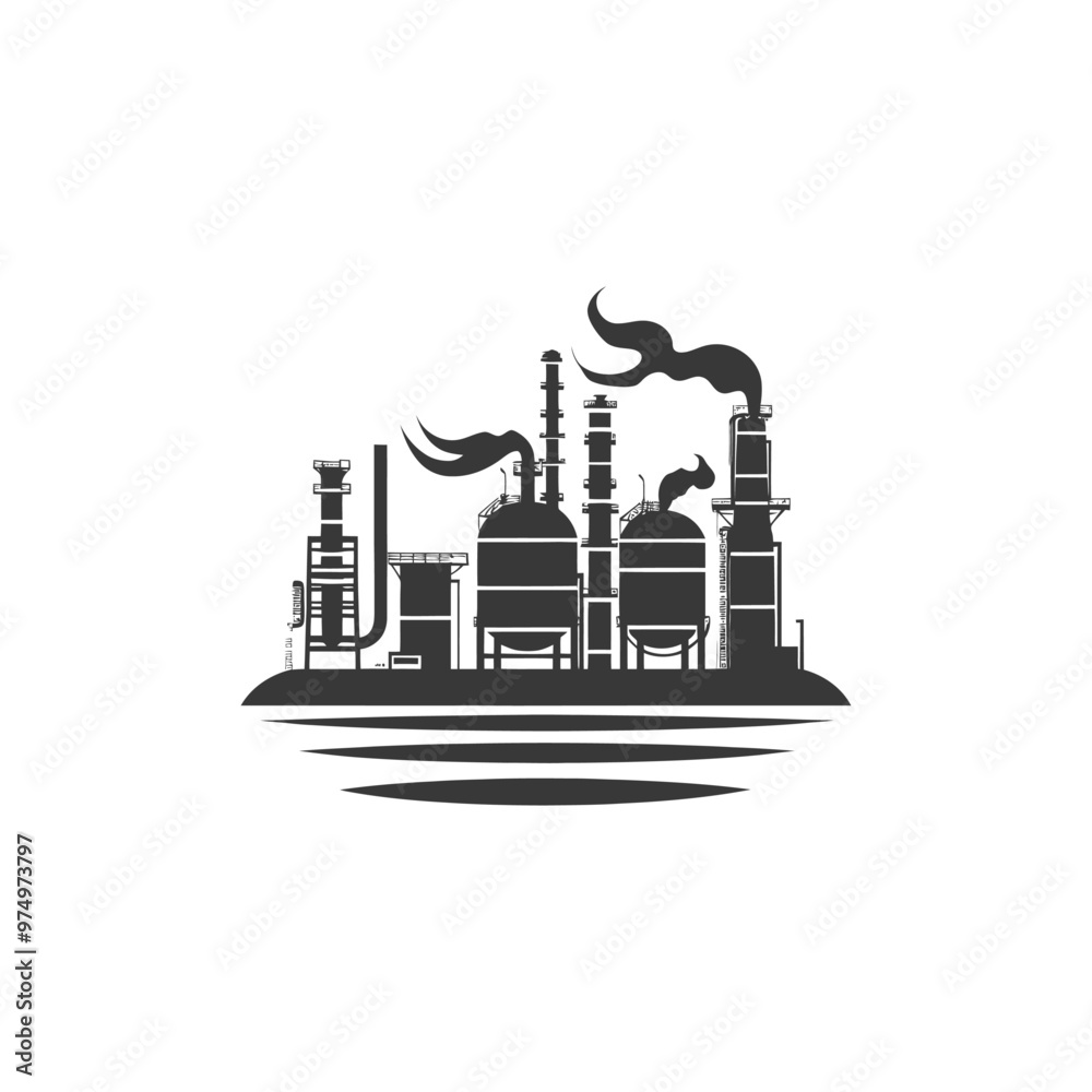 Naklejka premium Black and White Silhouette of a Factory on an Island