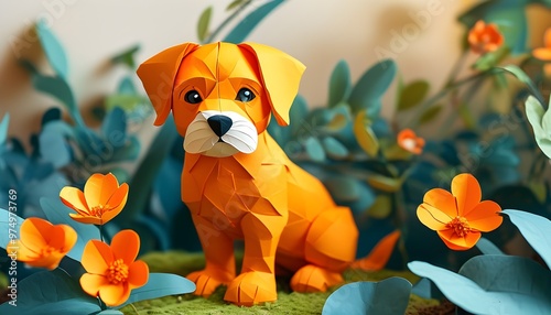 adorable orange dog frolicking in a vibrant flower garden, charming paper cut illustration for nursery and baby animal themes