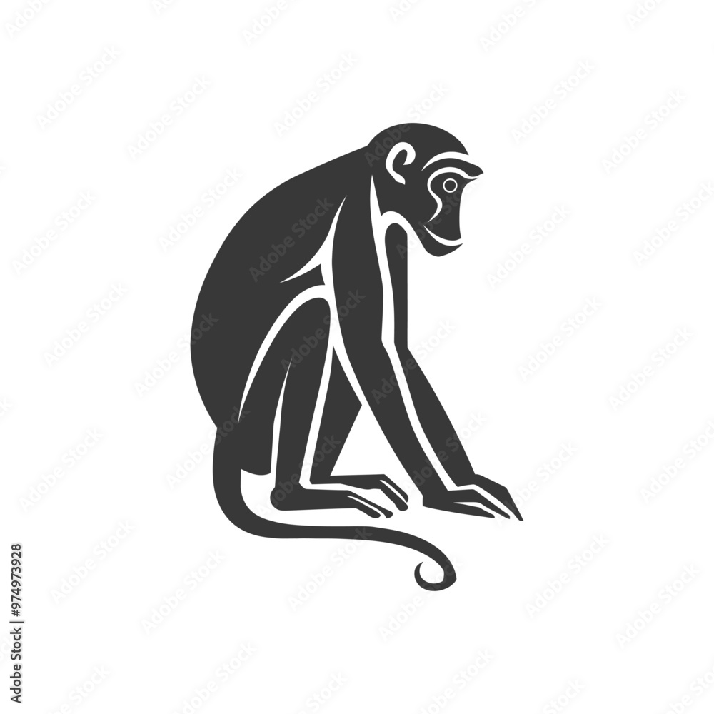 Black and white silhouette of a monkey sitting Black and white silhouette of a monkey sitting