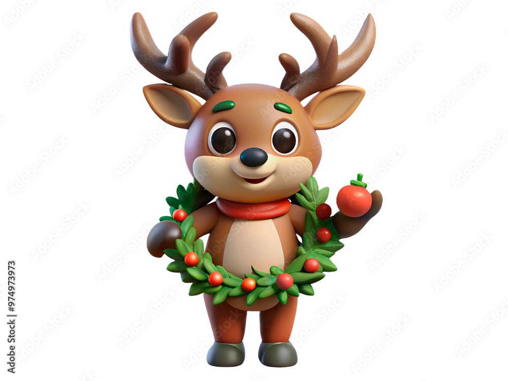 3D cartoon reindeer with christmas wreath 3D cartoon reindeer with christmas wreath