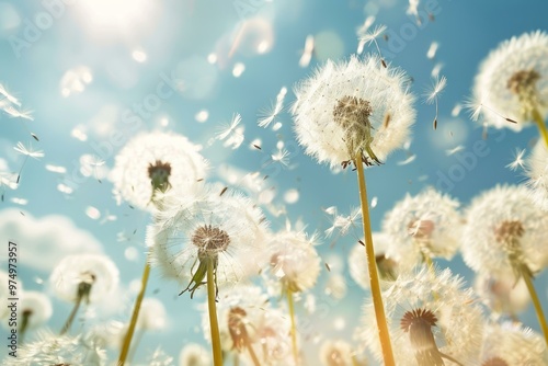 Dandelion seeds blowing away across a blue sky, spreading for a new life