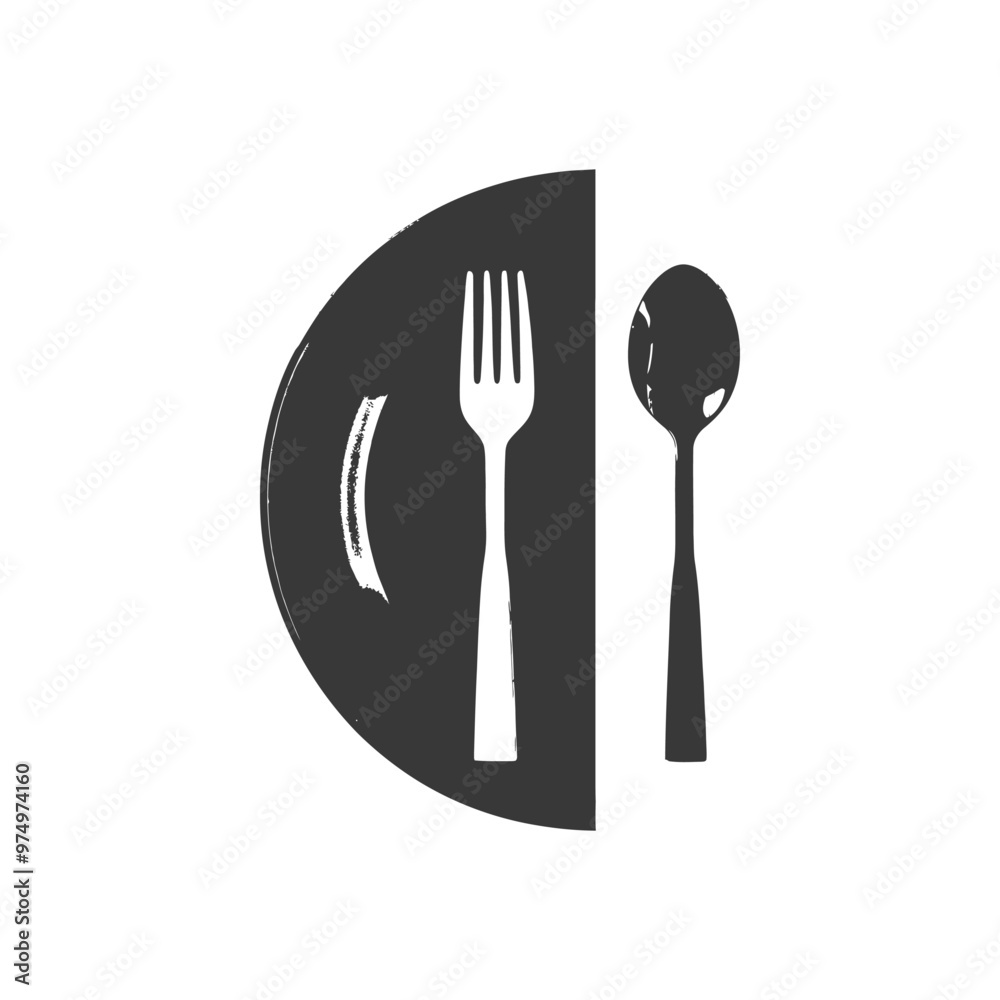 Black and White Silhouette of a Plate Fork and Spoon Black and White Silhouette of a Plate Fork and Spoon