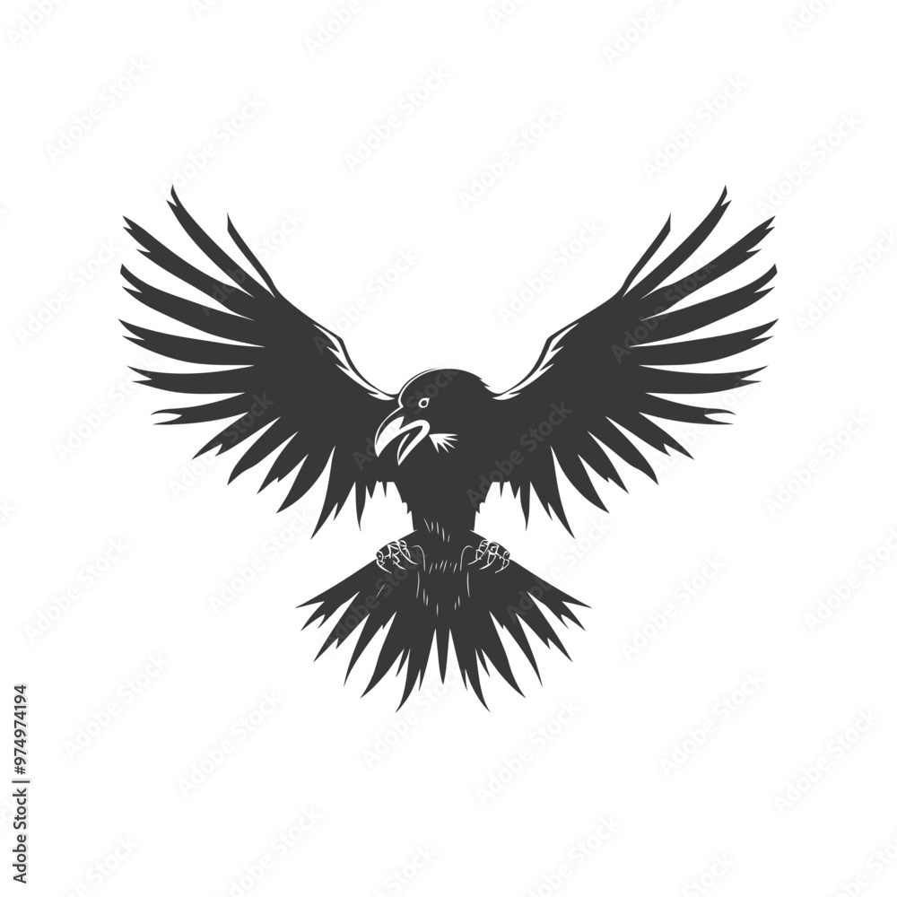 Obraz premium Black and White Silhouette of a Raven in Flight