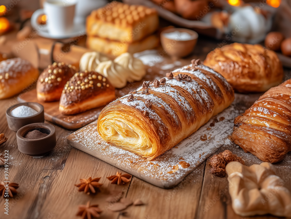 Assorted Freshly Baked Pastries with Powdered Sugar on Wooden Table
Assorted Freshly Baked Pastries with Powdered Sugar on Wooden Table