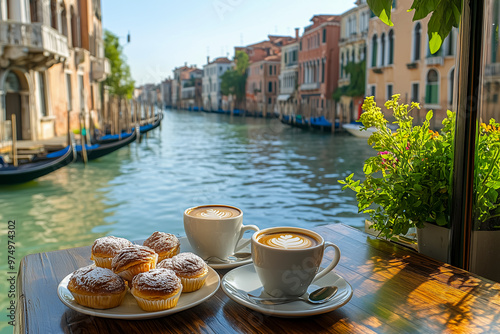 An open-air cafe  overlooking the canals, serving pastries and cappuccino 