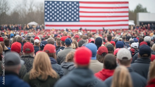 Crowd at a Political Rally with American Flag in the Background, president election scene outdoor in rural area.