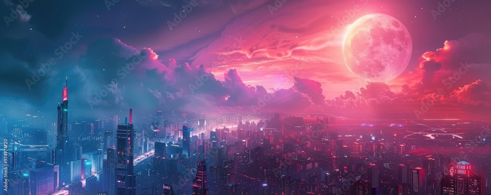 Fototapeta premium A stunning futuristic cityscape under a captivating pink and blue sky, with a giant glowing moon illuminating the skyline at dusk.