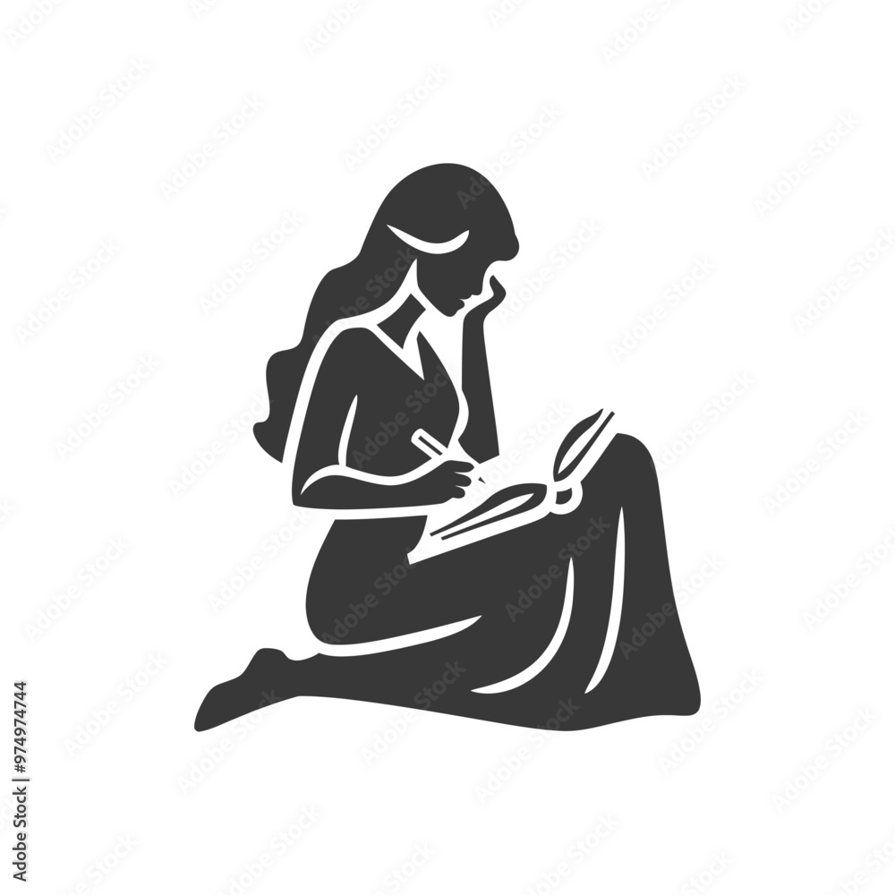 Black and White Silhouette of a Woman Writing in a Book Black and White Silhouette of a Woman Writing in a Book