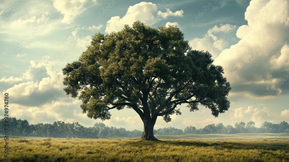 Fototapeta premium A Single Oak Tree Stands Tall in a Field Under a Cloudy Sky