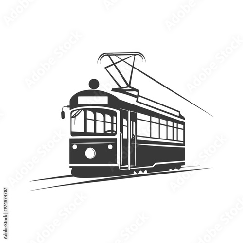 Black and White Silhouette of a Vintage Tramway