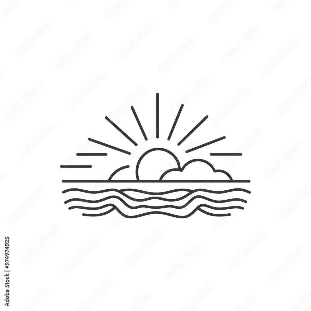 Line Art Illustration of a Sun Setting Over the Ocean Line Art Illustration of a Sun Setting Over the Ocean