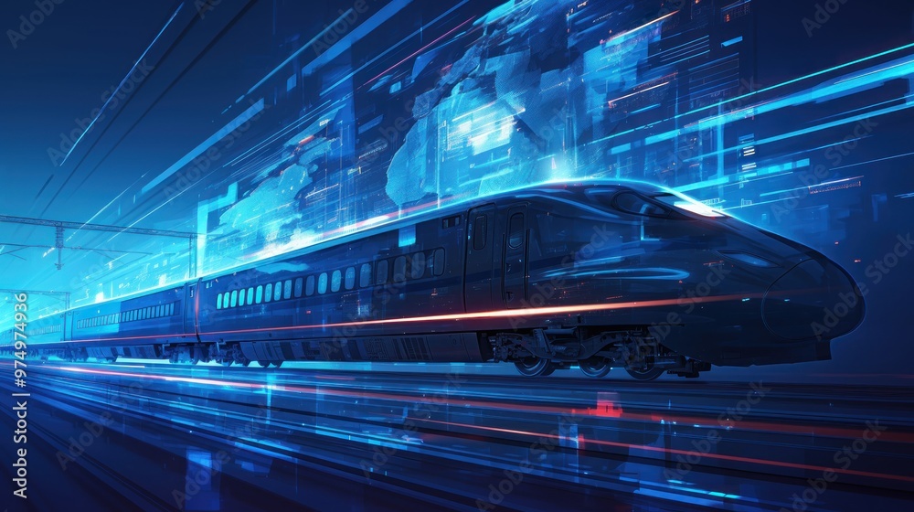 A high-speed train with glowing lines on its side is speeding forward, and there is an animated holographic map with blue light trails behind it. The background color has solid black elements A high-speed train with glowing lines on its side is speeding forward, and there is an animated holographic map with blue light trails behind it. The background color has solid black elements