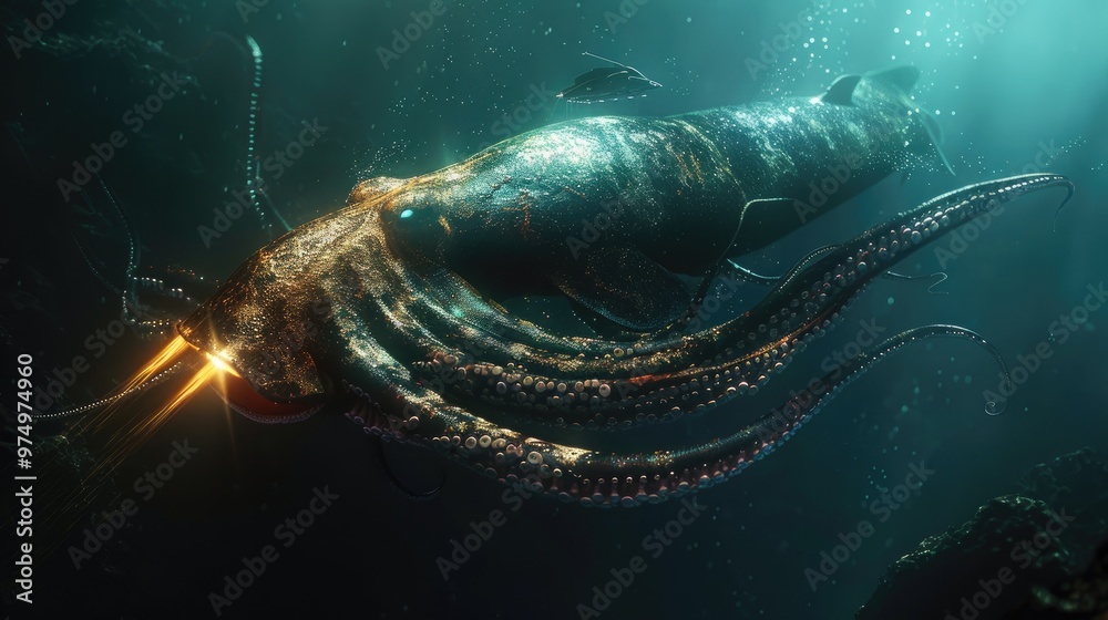 Obraz premium A stunningly detailed underwater creature illustration, showcasing a mythical sea monster with glowing features and tentacles.