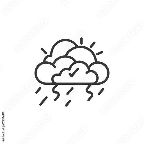 Line art illustration of a sun clouds checkmark and rain