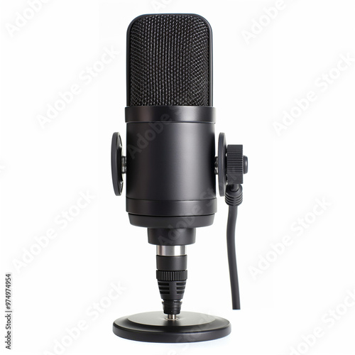 Professional black studio microphone on stand, ideal for podcasting, voice recording, streaming, and broadcasting, with sleek modern design and adjustable base