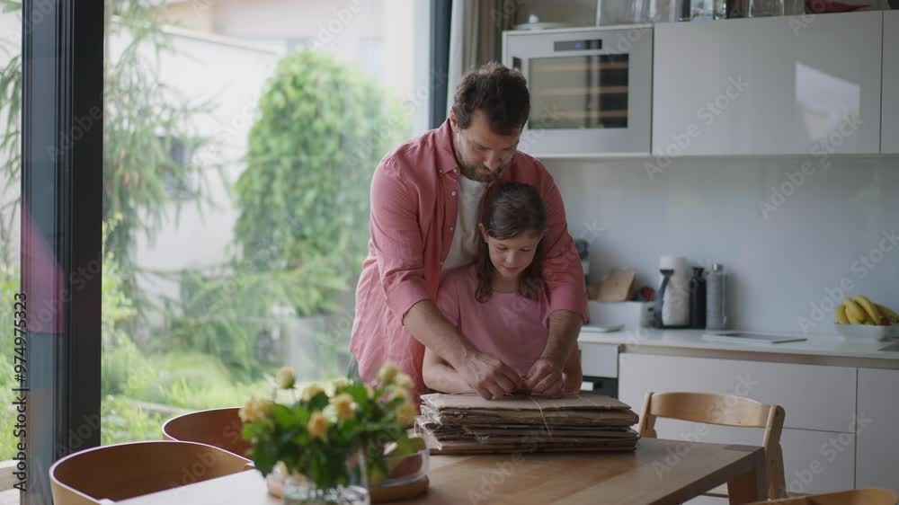 Father and girl preparing cardboard boxes for recycling, working in kitchen together. Sustainable living. Father and girl preparing cardboard boxes for recycling, working in kitchen together. Sustainable living.