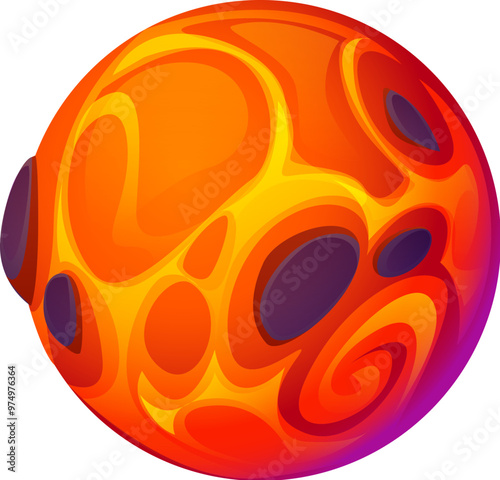 Cartoon galaxy fantasy alien magma space planet with swirling patterns in bright orange and yellow with darker patches resembling volcanic craters. Vector otherworldly, spherical celestial object