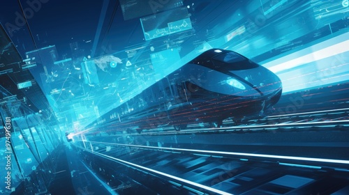 A high-speed train with glowing lines on its side is speeding forward, and there is an animated holographic map with blue light trails behind it. The background color has solid black elements