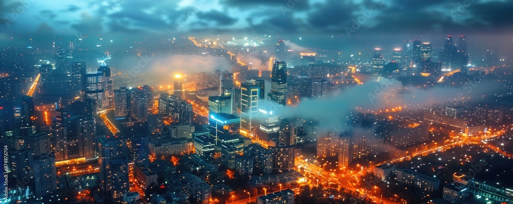 Aerial view of a bustling cityscape at night with illuminated buildings and streets, under a moody, cloudy sky. Aerial view of a bustling cityscape at night with illuminated buildings and streets, under a moody, cloudy sky.