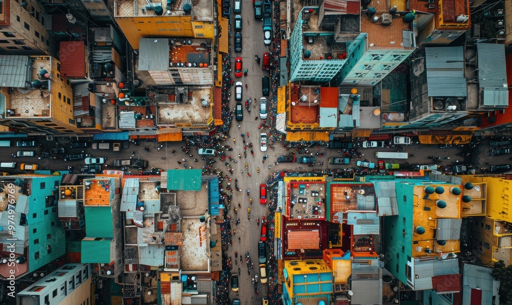 Aerial view of a bustling urban street with colorful buildings and dense traffic, capturing city life from above. Aerial view of a bustling urban street with colorful buildings and dense traffic, capturing city life from above.