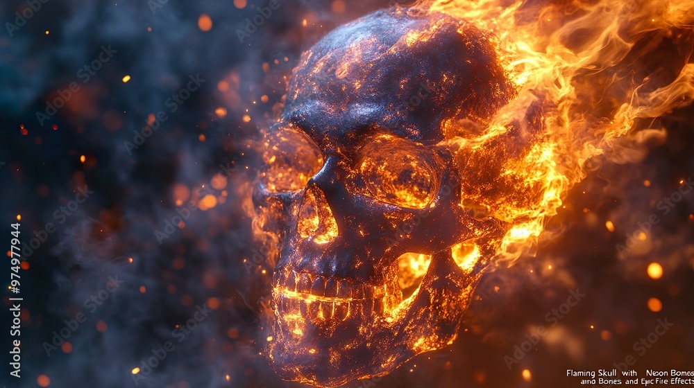 Bold human skull engulfed in fiery flames in intense artwork picture Bold human skull engulfed in fiery flames in intense artwork picture