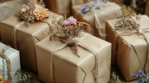 Rustic Brown Paper Wrapped Gifts Decorated with Dried Flowers and Twine