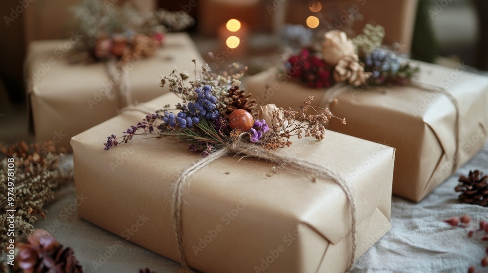 Gift Box Wrapped in Brown Paper with Dried Flower Bouquet Gift Box Wrapped in Brown Paper with Dried Flower Bouquet
