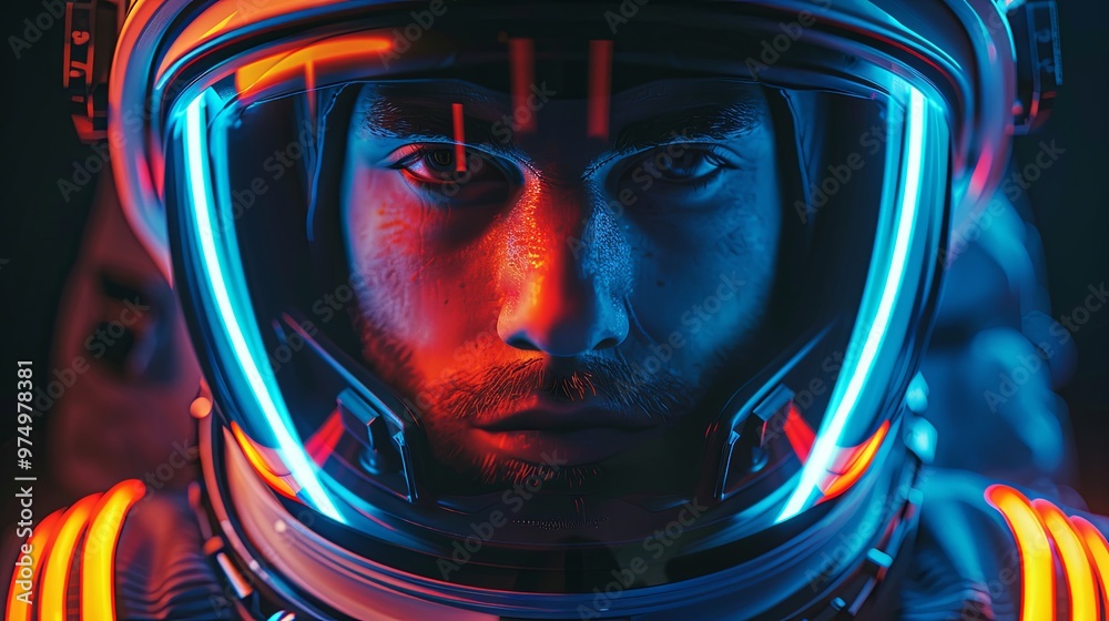 Portrait of a man in a spacesuit. He stares intently into the camera. A space image. Science fiction. Concept of exploring the universe. Illustration for cover, card, interior design, etc. Portrait of a man in a spacesuit. He stares intently into the camera. A space image. Science fiction. Concept of exploring the universe. Illustration for cover, card, interior design, etc.