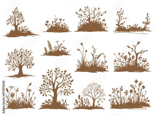 set of trees silhouettes