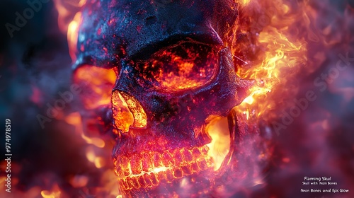 Vibrant image of human skull consumed by roaring hot flames picture