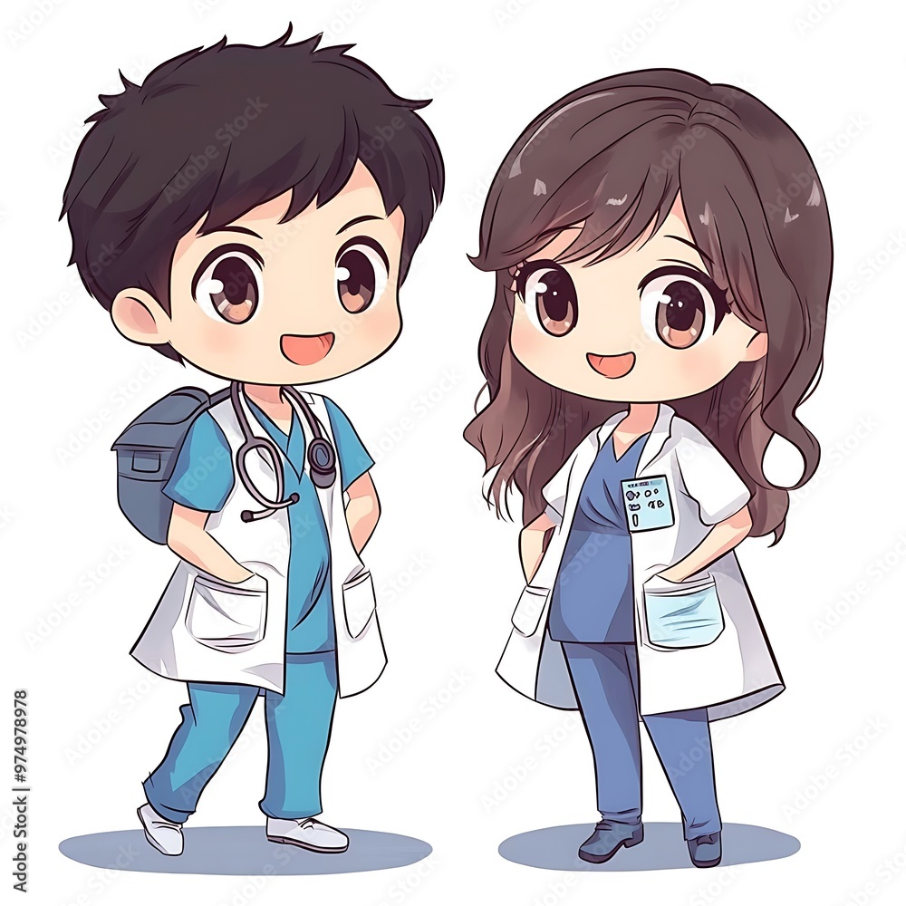 Cute chibi cartoon doctor couple with stethoscopes and medical scrubs Cute chibi cartoon doctor couple with stethoscopes and medical scrubs