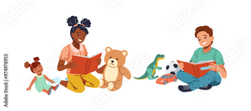 Happy kids reading books in playroom flat color vector illustration. Multiracial children with toys enjoying interesting stories concept icon on white