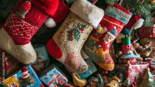 Christmas Stockings Filled with Gifts and Ornaments