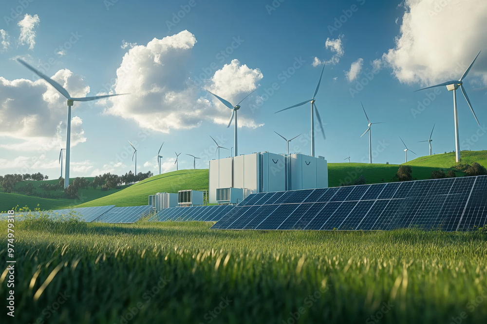 Modern battery energy storage system with wind turbines and solar in grass fields