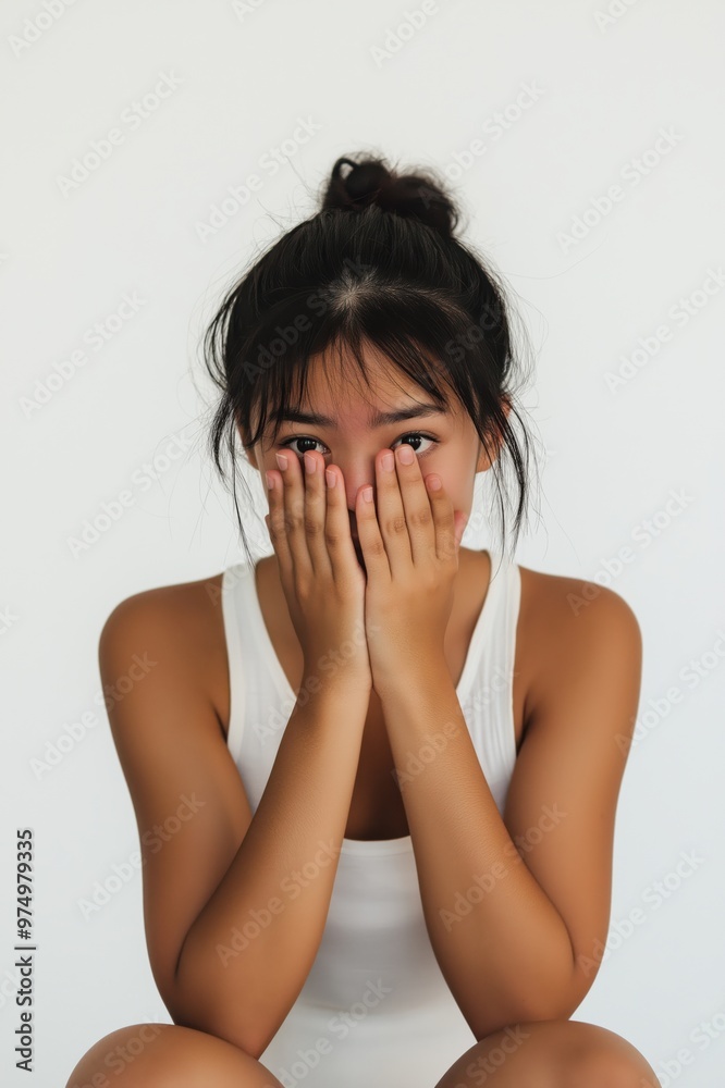 Young woman covering her face with her hands, feeling stress or tension Young woman covering her face with her hands, feeling stress or tension