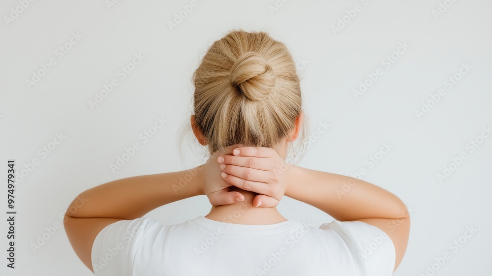 © Ben Trobat - Blonde woman holding back of neck in discomfort, rear view