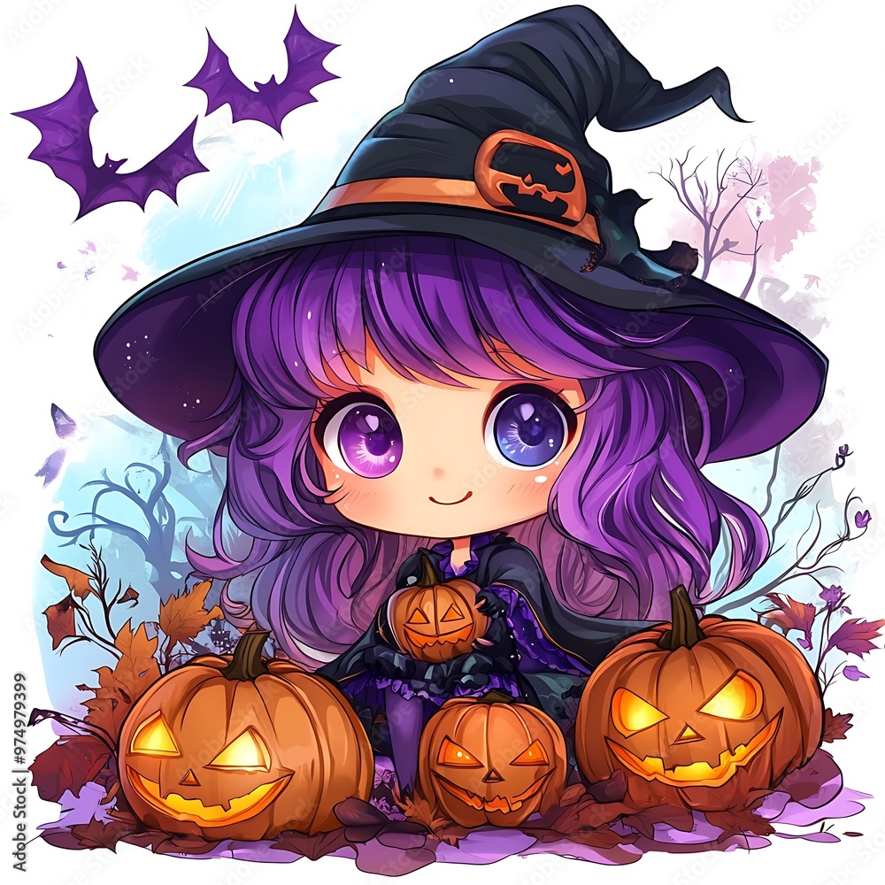 Cute Witch with Pumpkins and Bats for Halloween Cute Witch with Pumpkins and Bats for Halloween