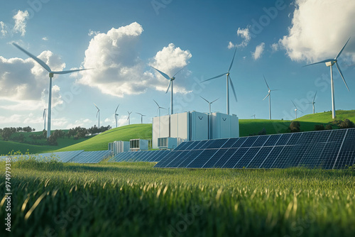 Modern battery energy storage system with wind turbines and solar in grass fields
 photo