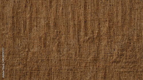 Brown jute fabric stretched flat, forming a coarse and rugged background photo