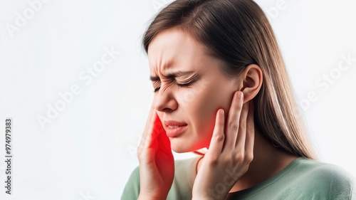 Young woman experiencing ear pain, holding her jaw in discomfort