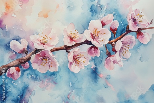 Watercolor painting illustrating nowruz with a flourishing branch of an apricot tree photo