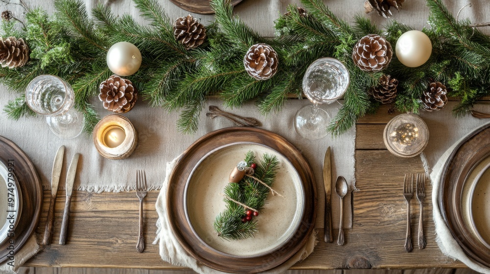 Rustic Christmas Table Setting with Pine Boughs and Ornaments