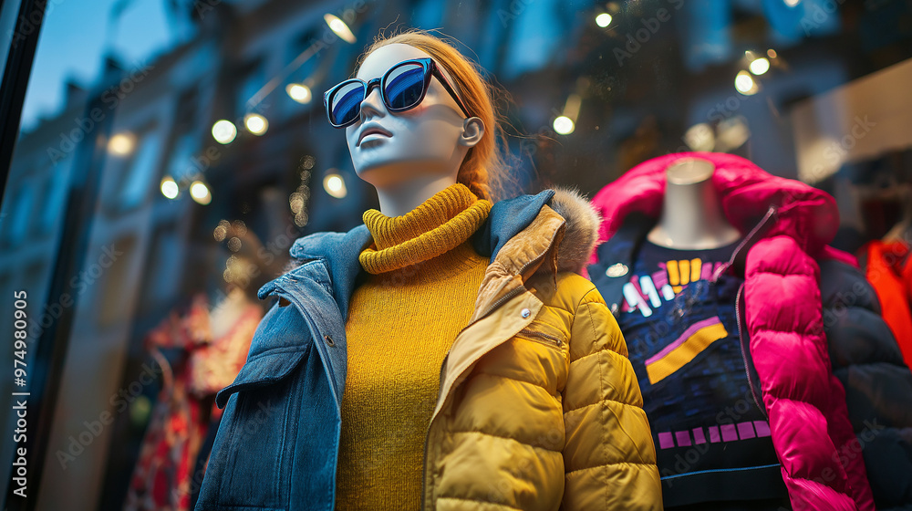 Stylish window display with mannequins in trendy puffer jackets, turtlenecks, and oversized sunglasses, capturing the essence of modern urban fashion. Stylish window display with mannequins in trendy puffer jackets, turtlenecks, and oversized sunglasses, capturing the essence of modern urban fashion.