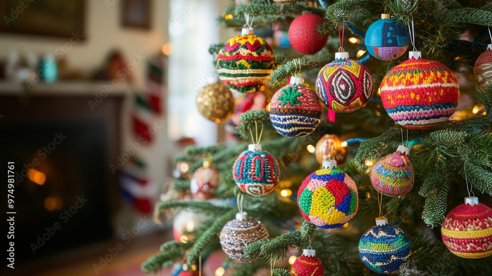 Naklejka premium A Christmas Tree Adorned with Colorful, Hand-Crafted Ornaments